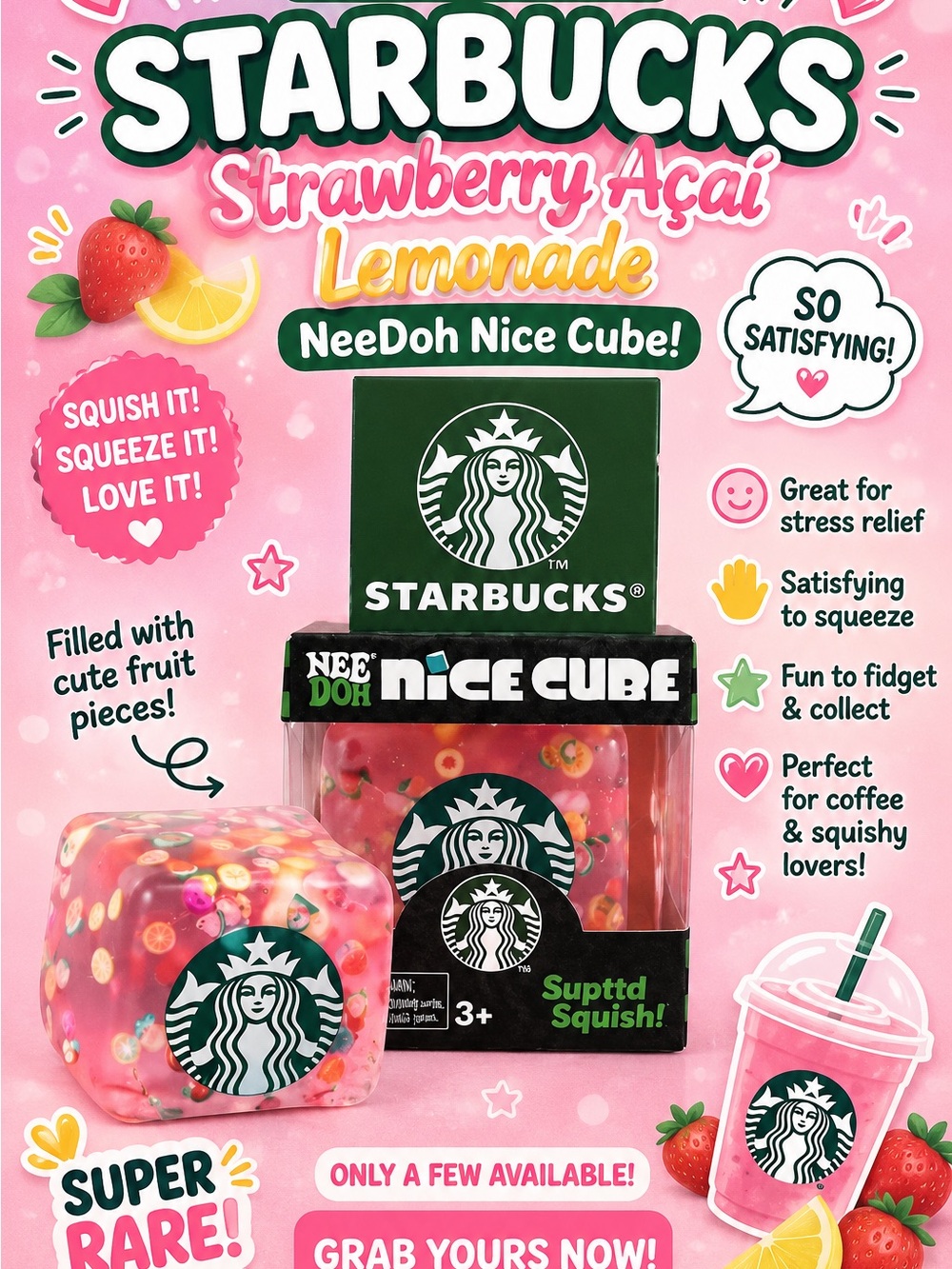 Starbucks Pink Nice Cube Squishy Stress Needoh Toy